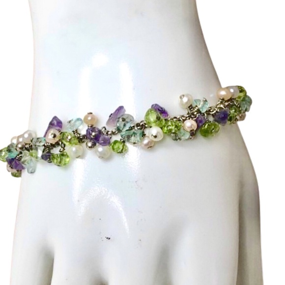 STERLING SILVER Cha Cha Gem Bracelet w/ Heart Charm Peridot Topaz Amethyst Pearl - Picture 4 of 12